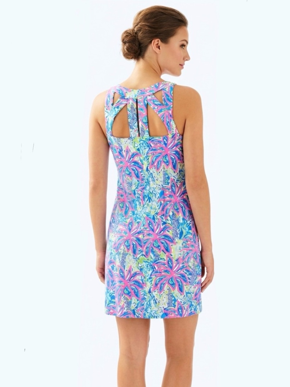 Lulu-B Tropical Sleeveless Dress Palm Tree Print Sleeveless Strappy Back